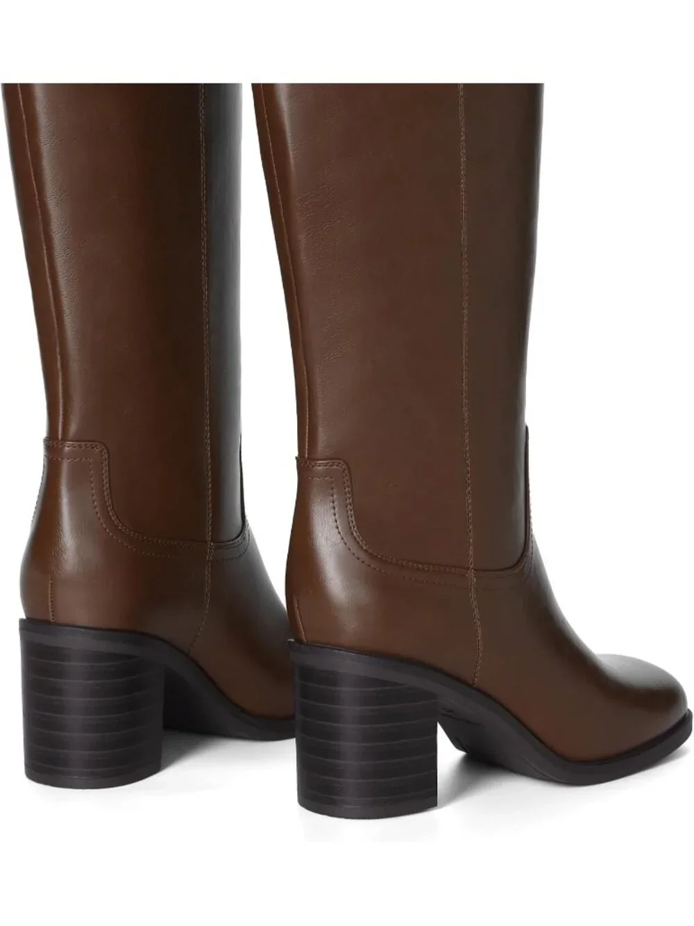 Women's Dark Brown Chunky Block Heel Square Toe Faux Leather Long Knee High Boot